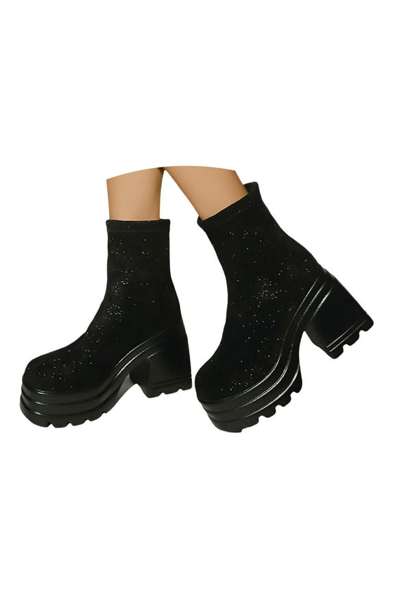 Platform Mid Calf Boots for Women Goth Punk Suede High Heel Slip on Winter Fall Short Booties