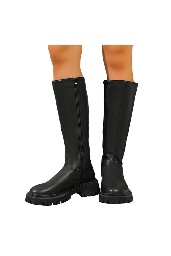 Platform Mid Calf Boots for Women Lug Sole Splice Leather Zipper Casual Fall Winter Long Booties