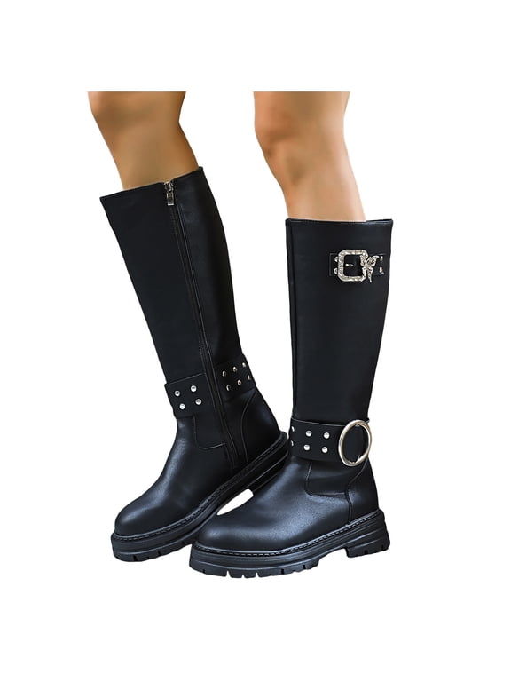 Platform Mid Calf Boots for Women Trendy Butterfly Buckle Round Toe Zipper Motorcycle Long Booties