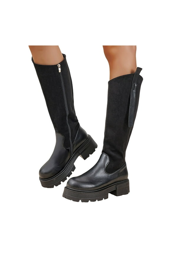 Platform Mid Calf Riding Boots for Women 2025 Black Leather Suede Patchwork Chunky Wide Knee High Tall Boots