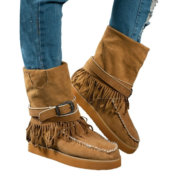 Platform Mid Calf Winter Boots for Women Vintage Suede Casual Tassel Wide Calf Boots Moc Toe Non Slip Work Boots
