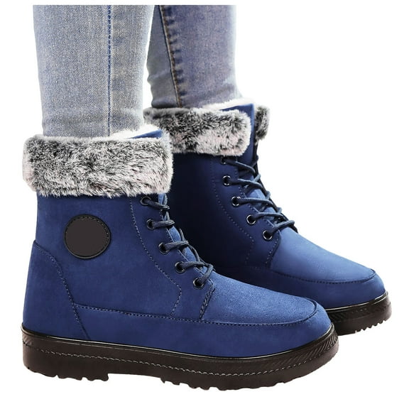Platform Mid Calf Winter Combat Boots for Women Cold Weather Fuzzy Fleece Lined Thicken Warm Snow Short Booties