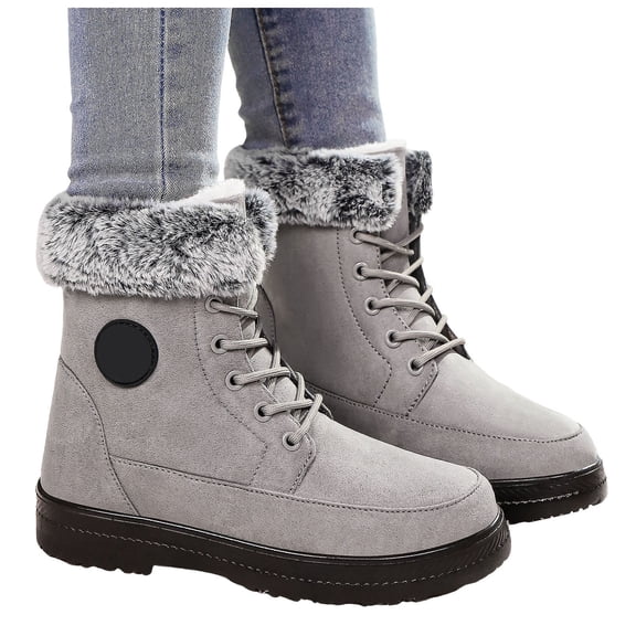 Platform Mid Calf Winter Combat Boots for Women Cold Weather Fuzzy Fleece Lined Thicken Warm Snow Short Booties