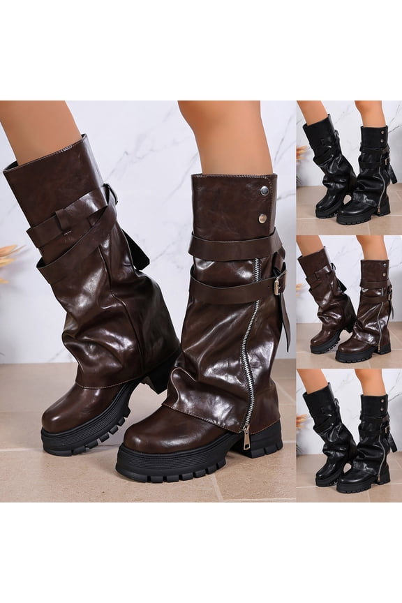 Platform Motocycle Riding Boots for Ladies Knee High Studded Buckle Strap Slouchy Fold Over Wide Calf Biker Boots for Women