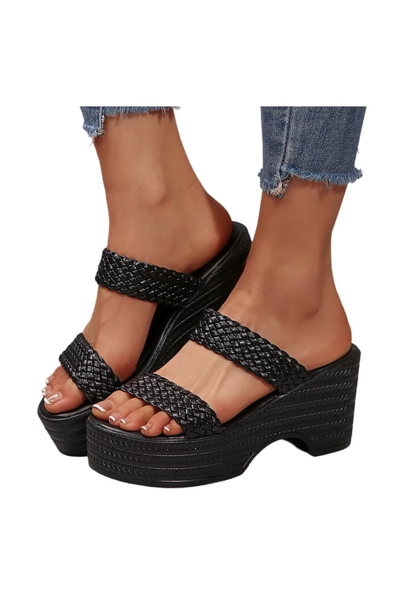 Platform Mules for Women Open Toe Wedge Sandals Braided Double Band Casual Slides Comfortable Arch Support Slip on Summer Slippers Black Size 7.5