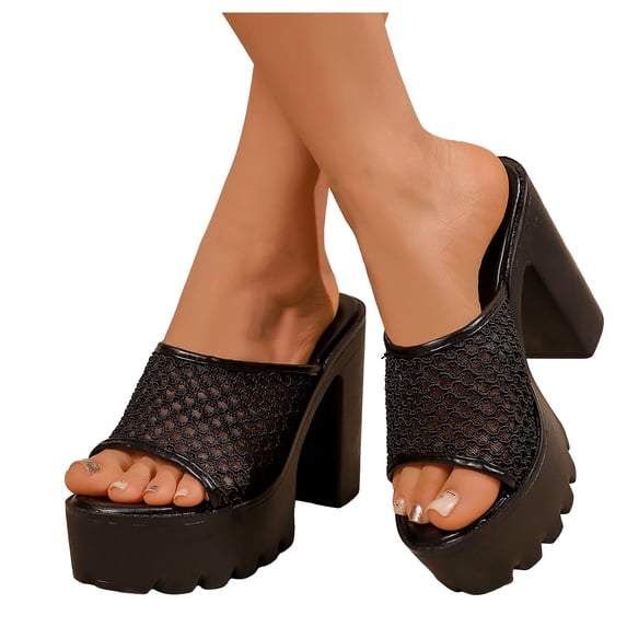 Platform Mules for Women Peep Toe Slip on High Heeled Sandals Casual Breathable Mesh Chunky Lug Sole Heels Black Size 8