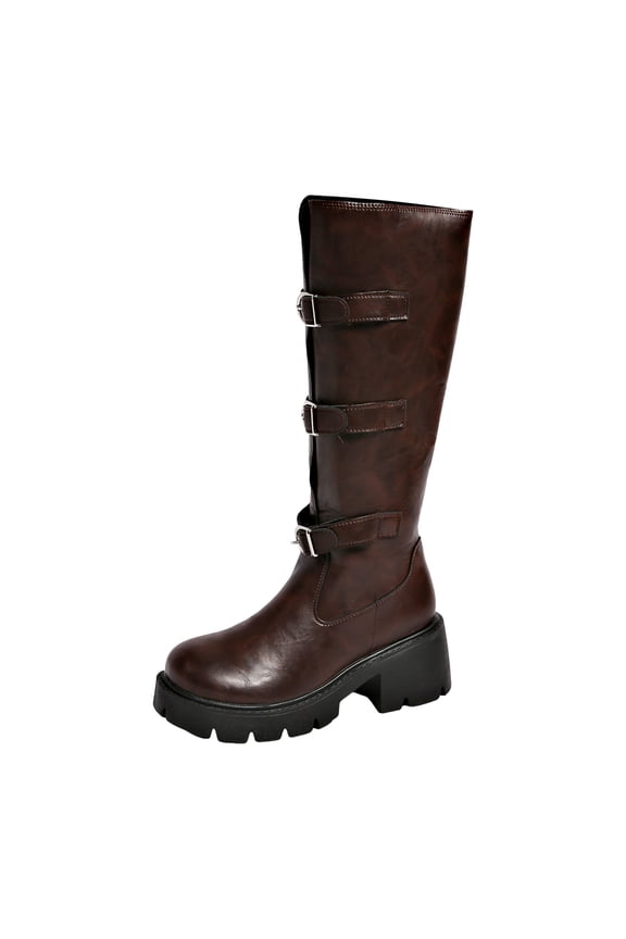 Platform Riding Boots for Women Trendy Buckle Strappy Lug Sole Chunky Heel Round Toe Mid Calf Boots