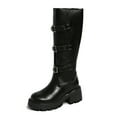thumbnail image 1 of Platform Riding Boots for Women Trendy Buckle Strappy Lug Sole Chunky Heel Round Toe Mid Calf Boots, 1 of 8