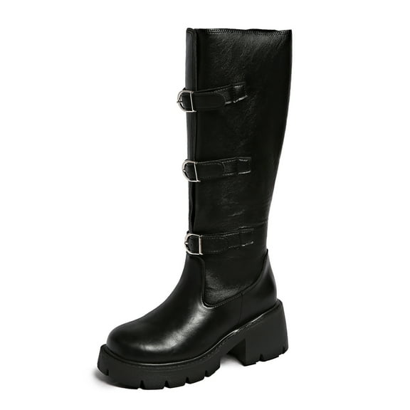 Platform Riding Boots for Women Trendy Buckle Strappy Lug Sole Chunky Heel Round Toe Mid Calf Boots