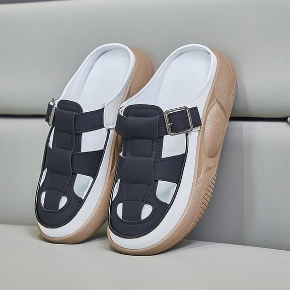 Platform Sandals Women Clearance, Xunlbb Muffin Thick Bottom Middle Heel Half Slippers, Summer Outdoor Women's Sandals, Shoes Sandals(Black,Size:37)