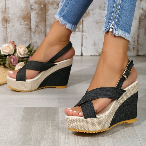 Platform Sandals Women Clearance, Xunlbb Summer New Muffin Thick Bottom Slope With Sandals Female Denim Crossed Buckle Big Yards Beach Sandals Slippers(Black,Size:37)