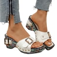 thumbnail image 1 of Platform Sandals Women Color Block Wedges Retro Buckle Studded Square Open Toe Slip on Slides Low Heeled Dress Shoes White Size 6, 1 of 7
