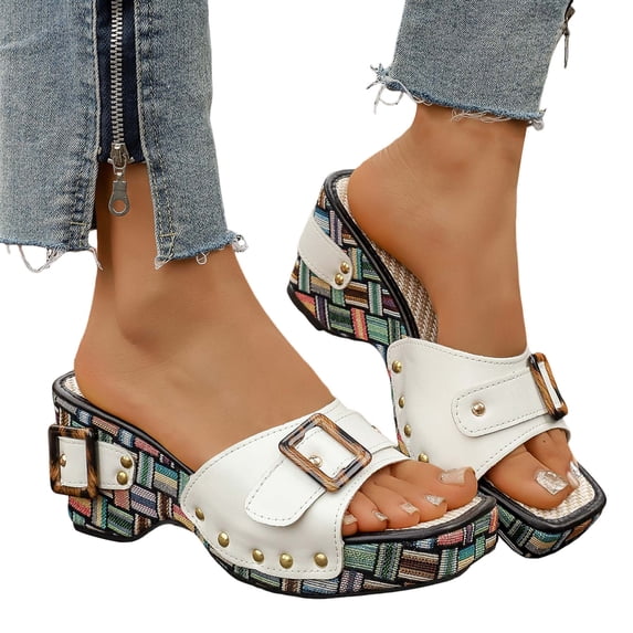 Platform Sandals Women Color Block Wedges Retro Buckle Studded Square Open Toe Slip on Slides Low Heeled Dress Shoes White Size 6