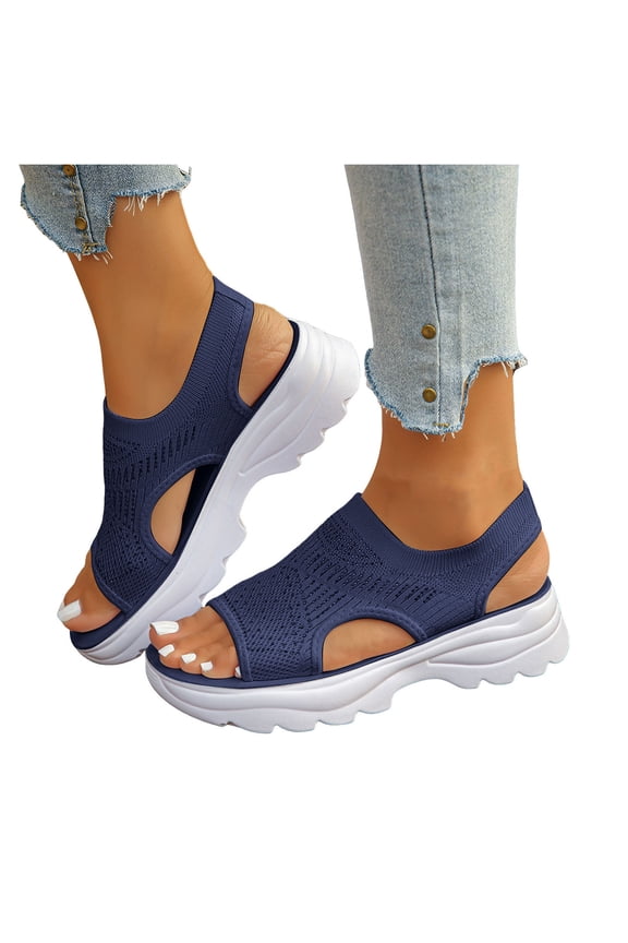 Platform Sandals for Women Open Toe Breathale Stretch Knit Glitter Rhinestone Beach Shoes Antislip Cushioned Footbed Athletic Walking Shoes Dark Blue Size 6