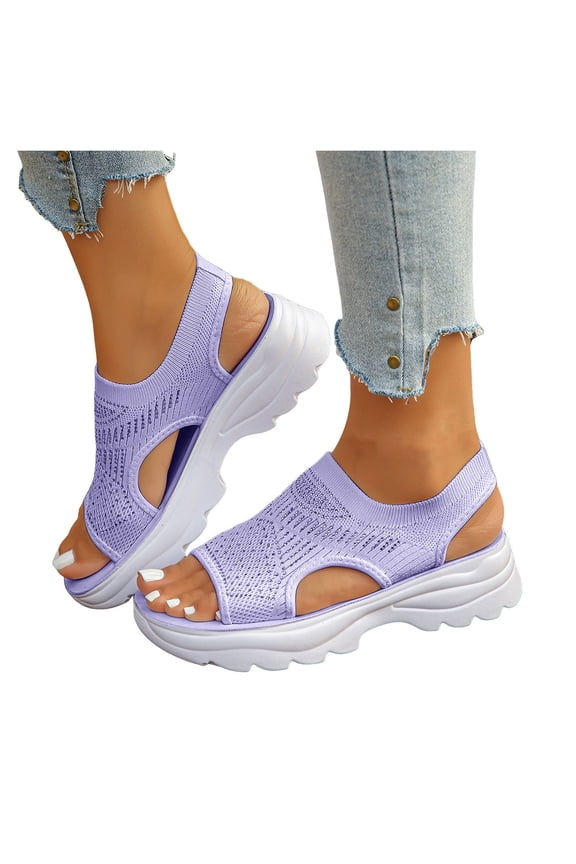 Platform Sandals for Women Open Toe Breathale Stretch Knit Glitter Rhinestone Beach Shoes Antislip Cushioned Footbed Athletic Walking Shoes Purple Size 6.5