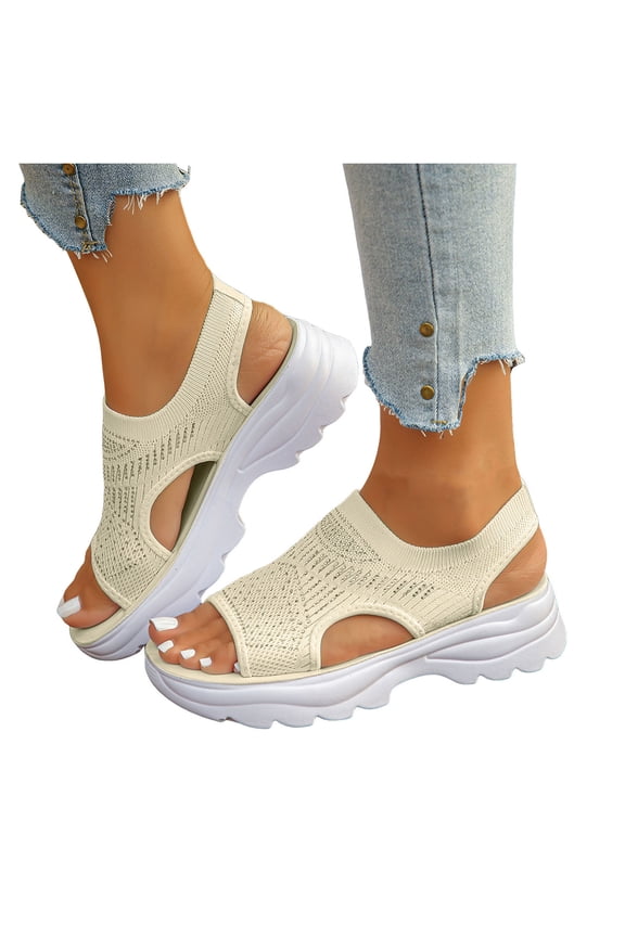 Platform Sandals for Women Open Toe Breathale Stretch Knit Glitter Rhinestone Beach Shoes Antislip Cushioned Footbed Athletic Walking Shoes Yellow Size 8.5