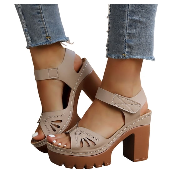 Platform Sandals for Women Retro Non Slip Chunky Heels Summer Block High Heeled Slides Fashionable Comfortable Water Droplet Hollow out Footwear Beige Size 9.5