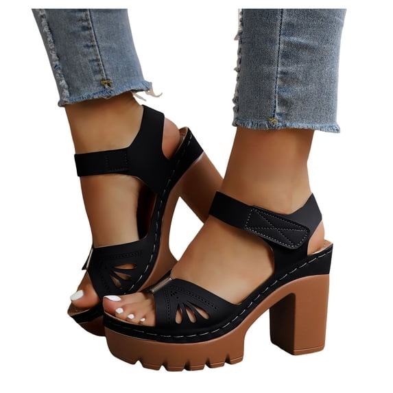 Platform Sandals for Women Retro Non Slip Chunky Heels Summer Block High Heeled Slides Fashionable Comfortable Water Droplet Hollow out Footwear Black Size 6