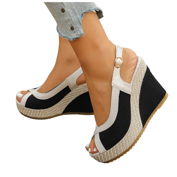 Platform Sandals Women Wedge Espadrilles Peep Toe Splice Suede Slingback Wedges Heels Fashion Color Block Summer Beach Vacation Dress Shoes Black Size 9