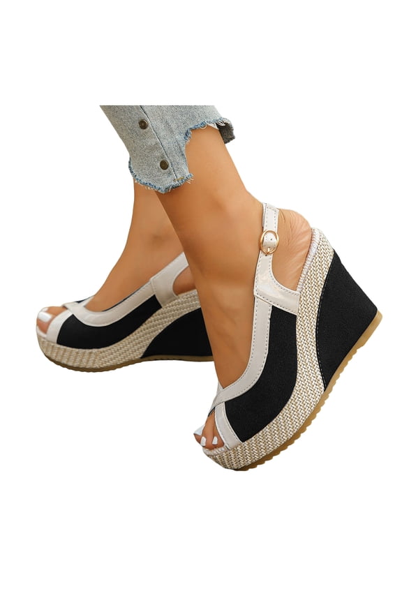 Platform Sandals Women Wedge Espadrilles Peep Toe Splice Suede Slingback Wedges Heels Fashion Color Block Summer Beach Vacation Dress Shoes Black Size 9