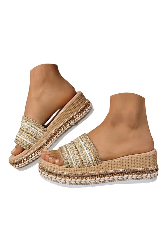 Platform Sandals for Women Wide Width Slip on Wedge Espadrilles Comfortable Casual Summer Slides Arch Support Open Toe Beach Vacation Bohemia Shoes (7,Khaki)