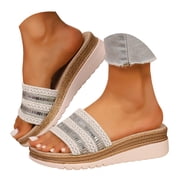 Platform Sandals for Women Wide Width Slip on Wedge Espadrilles Comfortable Casual Summer Slides Arch Support Open Toe Beach Vacation Bohemia Shoes 7,White