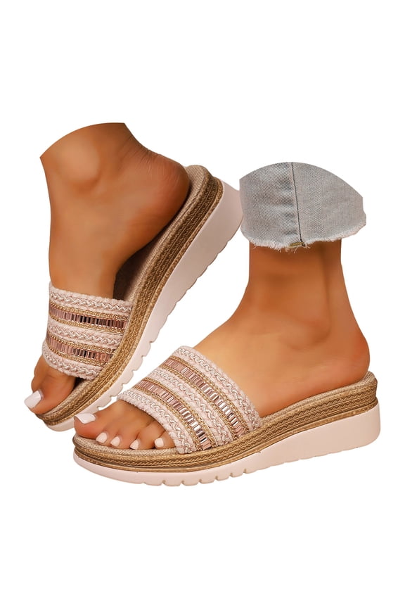 Platform Sandals for Women Wide Width Slip on Wedge Espadrilles Comfortable Casual Summer Slides Arch Support Open Toe Beach Vacation Bohemia Shoes (8.5,Khaki)