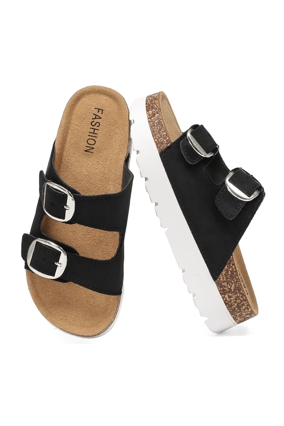 Women's Platform Sandals Cork Footbed with Double Buckles， Open Toe Summer Chunky Wedge Sandals Wide Width Slides Comfort Beach Clogs Sandals