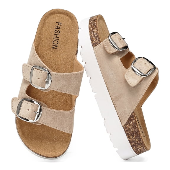 Lezzglt Women's Platform Sandals Cork Footbed with Double Buckles, Open Toe Summer Chunky Wedge Sandals Wide Width Slides Comfort Beach Clogs Sandals