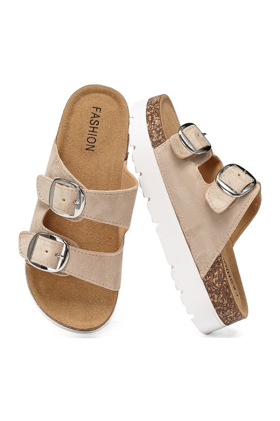 Women's Platform Sandals Cork Footbed with Double Buckles， Open Toe Summer Chunky Wedge Sandals Wide Width Slides Comfort Beach Clogs Sandals