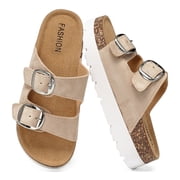 Women's Platform Sandals Cork Footbed with Double Buckles, Open Toe Summer Chunky Wedge Sandals Wide Width Slides Comfort Beach Clogs Sandals