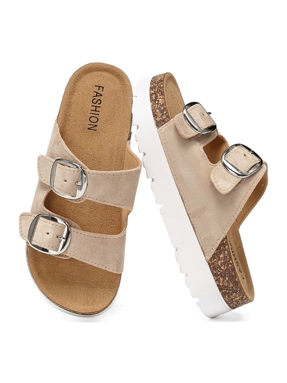 Women's Platform Sandals Cork Footbed with Double Buckles, Open Toe Summer Chunky Wedge Sandals Wide Width Slides Comfort Beach Clogs Sandals