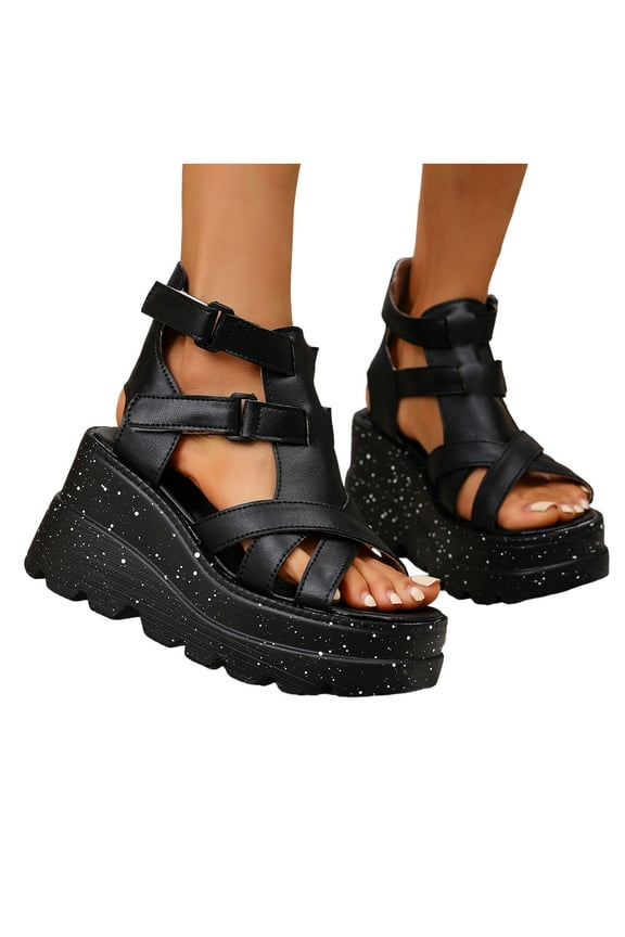 Platform Sandals for Women 2025 Punk Fashion Leather Roman Gladiator Chunky Wedge High Heels Summer Shoes