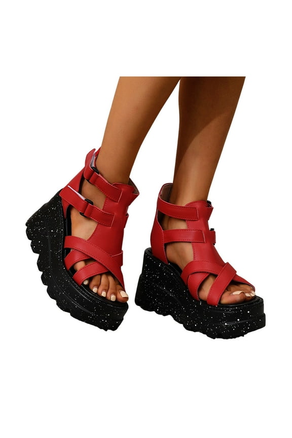Platform Sandals for Women 2025 Punk Fashion Leather Roman Gladiator Chunky Wedge High Heels Summer Shoes
