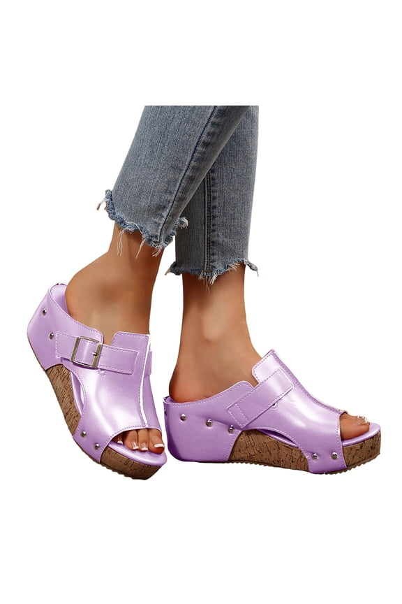 Platform Sandals for Women Antislip Cork Wedges Fashion Splice Leather Buckle Strap Open Toe Slip on Mules Casual Summer Slides Purple Size 9