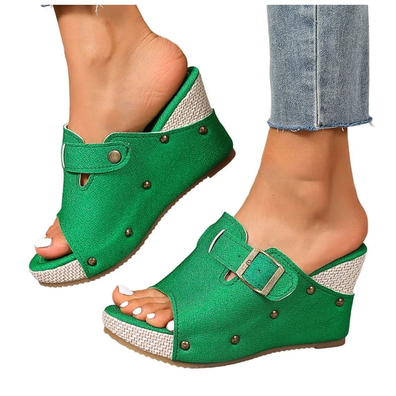 Platform Sandals for Women Backless Wedges Heels Retro Studded Leather Slip on High Heeled Peep Toe Mules Shoes with Buckle Strap Green Size 7.5