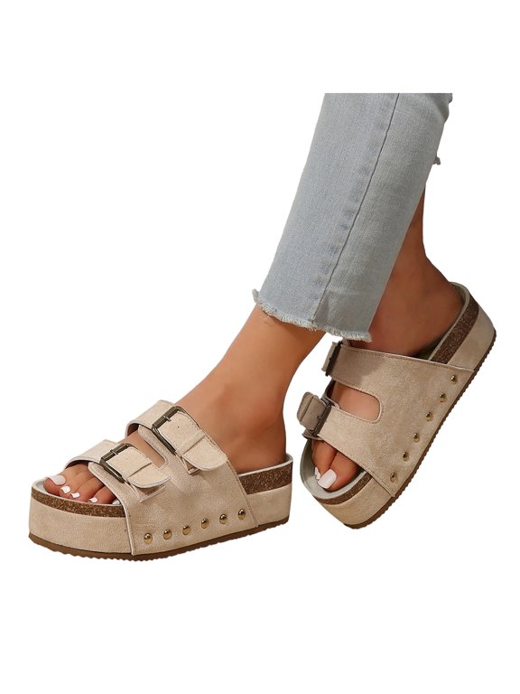 Platform Sandals for Women Comfortable Suede Leather Footbed Double Buckle Adjustable Studded Chunky Slide Summer Sandals Beige Size 7