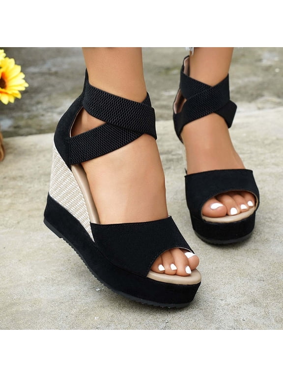 Platform Sandals for Women Comfortable Womens Sandals High Heels Summer Dressy Cross Ankle Strap Back Zipper Wedges Black Women Sandal