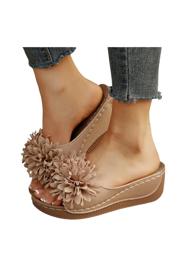 Platform Sandals for Women Open Toe Flower Wedge Slides 2026 Summer Casual Orthopedic Beach Shoes Comfy Walking Shoes Outdoor Slippers Brown Size 6.5