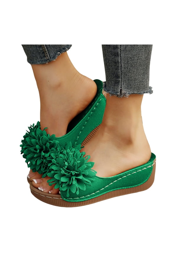 Platform Sandals for Women Open Toe Flower Wedge Slides 2026 Summer Casual Orthopedic Beach Shoes Comfy Walking Shoes Outdoor Slippers Green Size 6.5