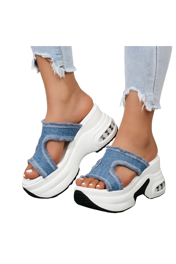 Platform Sandals for Women Open Toe Wedge Sneakers with Air Cushion Denim Double Buckle Strap Slides Arch Support Walking Shoes White Size 9