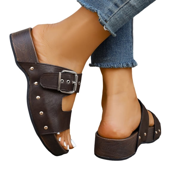 Platform Sandals for Women Retro Gothic Studded Buckle Strap Arch Support Slippers Summer Open Toe Slip on Slides Brown Size 8