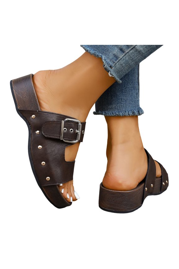 Platform Sandals for Women Retro Gothic Studded Buckle Strap Arch Support Slippers Summer Open Toe Slip on Slides Brown Size 9