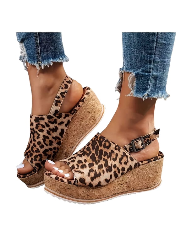 Platform Sandals for Women Suede Leopard Print Slingback Wedges Heels Comfortable Cork Footbed Arch Support Summer Dress Shoes Brown Size 8.5