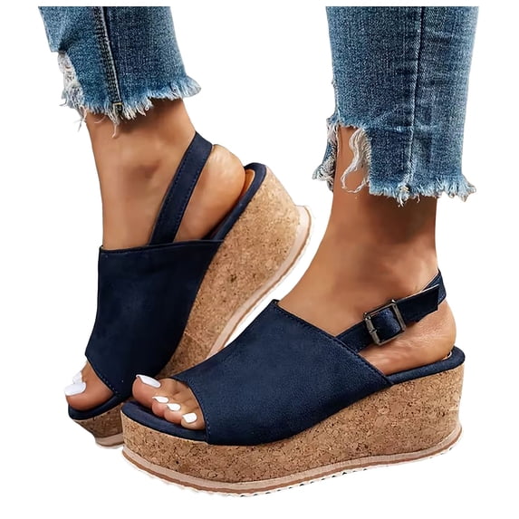 Platform Sandals for Women Suede Leopard Print Slingback Wedges Heels Comfortable Cork Footbed Arch Support Summer Dress Shoes Dark Blue Size 6