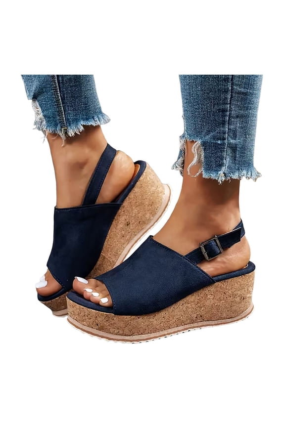 Platform Sandals for Women Suede Leopard Print Slingback Wedges Heels Comfortable Cork Footbed Arch Support Summer Dress Shoes Dark Blue Size 6