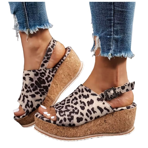 Platform Sandals for Women Suede Leopard Print Slingback Wedges Heels Comfortable Cork Footbed Arch Support Summer Dress Shoes Dark Gray Size 6