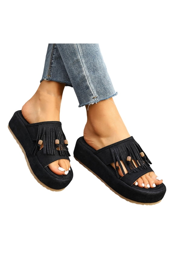 Platform Sandals for Women Suede Open Toe Bohemian Fringe Comfy Footbed Slides Casual Slip on Flat Shoes Black Size 7.5