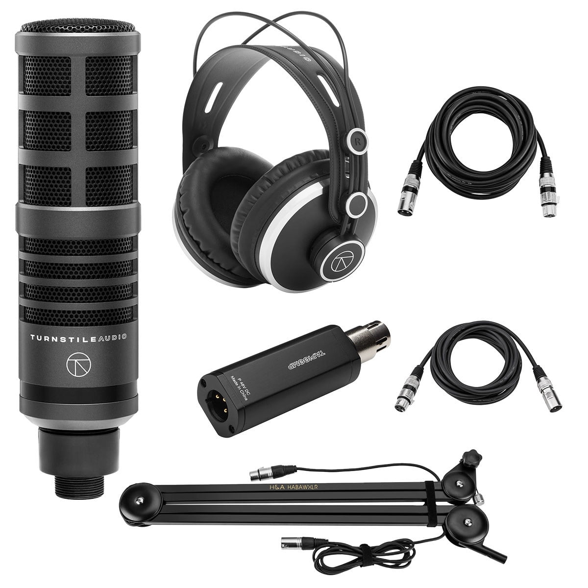 Turnstile Audio TAP300 Cardioid Dynamic Mic, Bundle with Broadcast Arm, Studio Headphones and Preamp, Includes XLR Cables