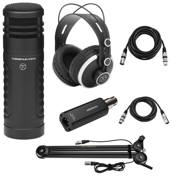 Turnstile Audio Platform Series TAP500 Hyper-Cardioid Dynamic Broadcast Microphone, Bundle with Broadcast Arm, TAPH500 Monitor Headphones, TAP100MP Mic Preamp, H&A 10' and 15' Value Series XLR M to F
